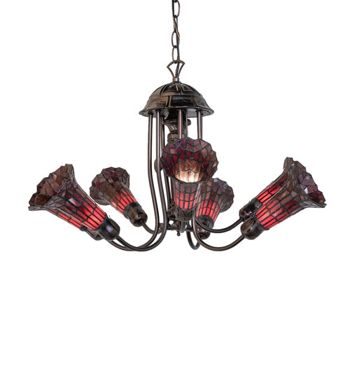 Meyda Lighting Stained Glass Pond Lily 251596 24" 7-Light Mahogany Bronze Chandelier With Red Shade Glass