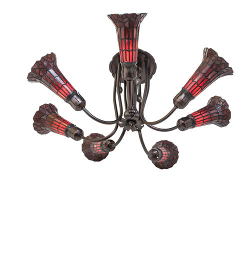 Meyda Lighting Stained Glass Pond Lily 251596 24" 7-Light Mahogany Bronze Chandelier With Red Shade Glass