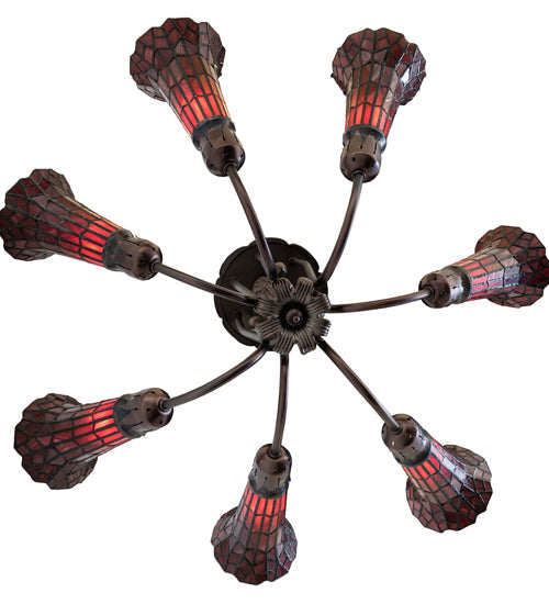 Meyda Lighting Stained Glass Pond Lily 251596 24" 7-Light Mahogany Bronze Chandelier With Red Shade Glass