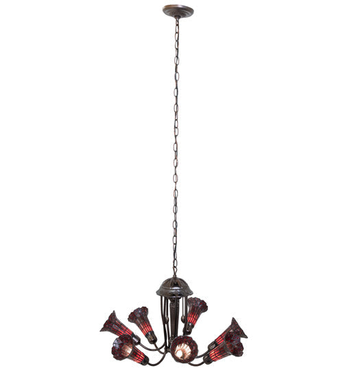 Meyda Lighting Stained Glass Pond Lily 251596 24" 7-Light Mahogany Bronze Chandelier With Red Shade Glass