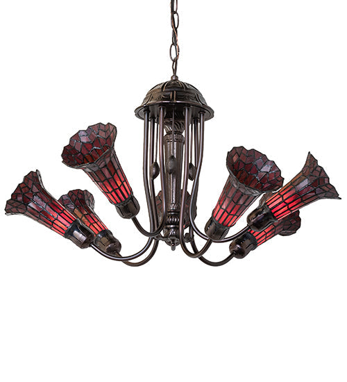 Meyda Lighting Stained Glass Pond Lily 251596 24" 7-Light Mahogany Bronze Chandelier With Red Shade Glass