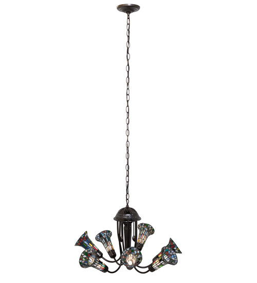 Meyda Lighting Stained Glass Pond Lily 251597 24" 7-Light Mahogany Bronze Chandelier With Multi-Colored Shade Glass