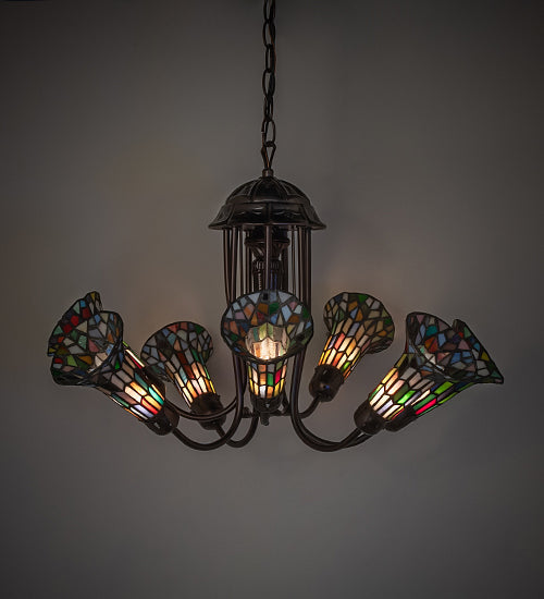 Meyda Lighting Stained Glass Pond Lily 251597 24" 7-Light Mahogany Bronze Chandelier With Multi-Colored Shade Glass