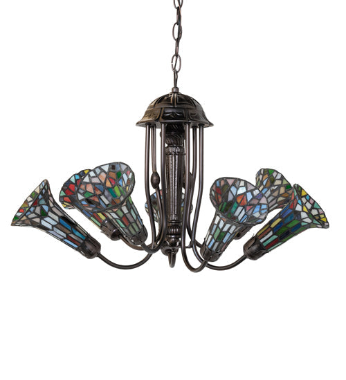 Meyda Lighting Stained Glass Pond Lily 251597 24" 7-Light Mahogany Bronze Chandelier With Multi-Colored Shade Glass