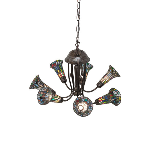 Meyda Lighting Stained Glass Pond Lily 251597 24" 7-Light Mahogany Bronze Chandelier With Multi-Colored Shade Glass