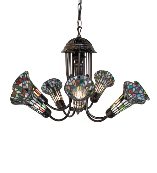 Meyda Lighting Stained Glass Pond Lily 251597 24" 7-Light Mahogany Bronze Chandelier With Multi-Colored Shade Glass