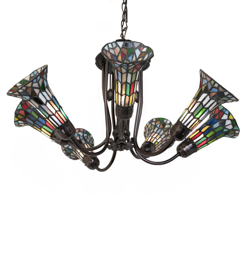 Meyda Lighting Stained Glass Pond Lily 251597 24" 7-Light Mahogany Bronze Chandelier With Multi-Colored Shade Glass