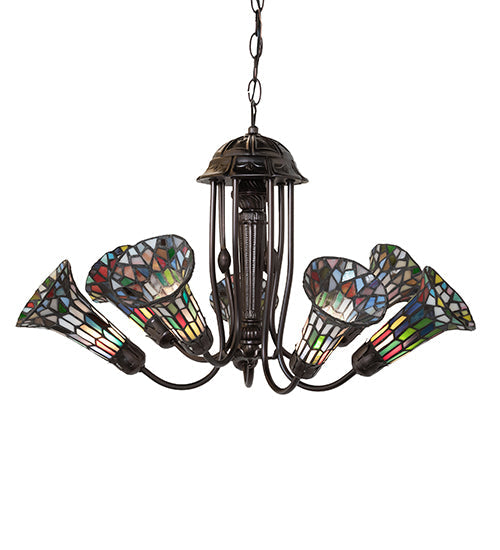Meyda Lighting Stained Glass Pond Lily 251597 24" 7-Light Mahogany Bronze Chandelier With Multi-Colored Shade Glass