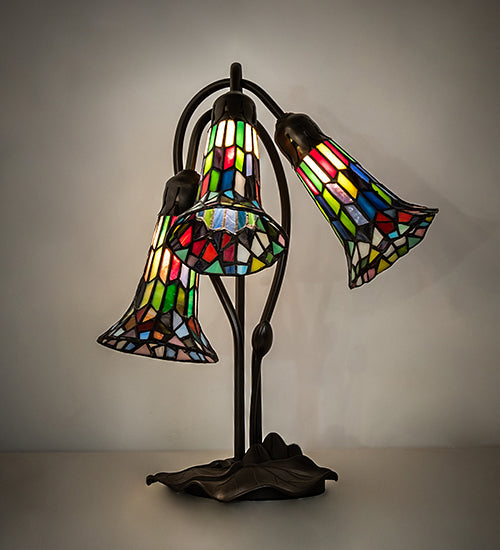 Meyda Lighting Stained Glass Pond Lily 251692 16" 3-Light Mahogany Bronze Accent Table Lamp With Multi-Colored Shade Glass
