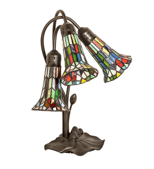 Meyda Lighting Stained Glass Pond Lily 251692 16" 3-Light Mahogany Bronze Accent Table Lamp With Multi-Colored Shade Glass