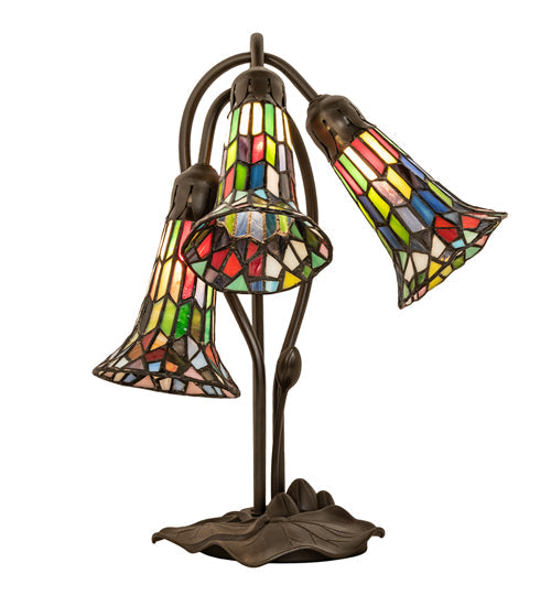 Meyda Lighting Stained Glass Pond Lily 251692 16" 3-Light Mahogany Bronze Accent Table Lamp With Multi-Colored Shade Glass