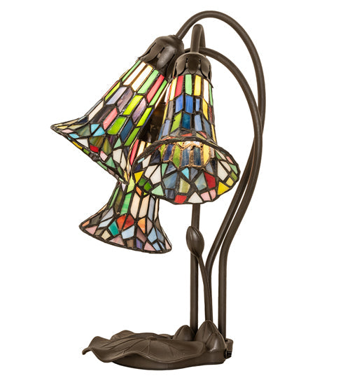 Meyda Lighting Stained Glass Pond Lily 251692 16" 3-Light Mahogany Bronze Accent Table Lamp With Multi-Colored Shade Glass