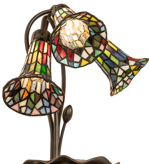 Meyda Lighting Stained Glass Pond Lily 251692 16" 3-Light Mahogany Bronze Accent Table Lamp With Multi-Colored Shade Glass