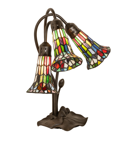 Meyda Lighting Stained Glass Pond Lily 251692 16" 3-Light Mahogany Bronze Accent Table Lamp With Multi-Colored Shade Glass