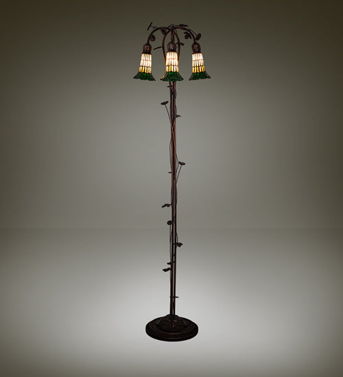 Meyda Lighting Stained Glass Pond Lily 255134 58" 3-Light Mahogany Bronze Floor Lamp With Green & Honey Shade Glass