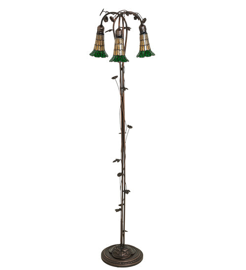 Meyda Lighting Stained Glass Pond Lily 255134 58" 3-Light Mahogany Bronze Floor Lamp With Green & Honey Shade Glass