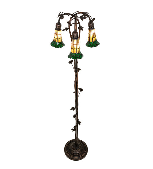 Meyda Lighting Stained Glass Pond Lily 255134 58" 3-Light Mahogany Bronze Floor Lamp With Green & Honey Shade Glass