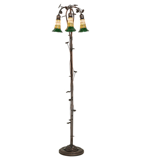 Meyda Lighting Stained Glass Pond Lily 255134 58" 3-Light Mahogany Bronze Floor Lamp With Green & Honey Shade Glass