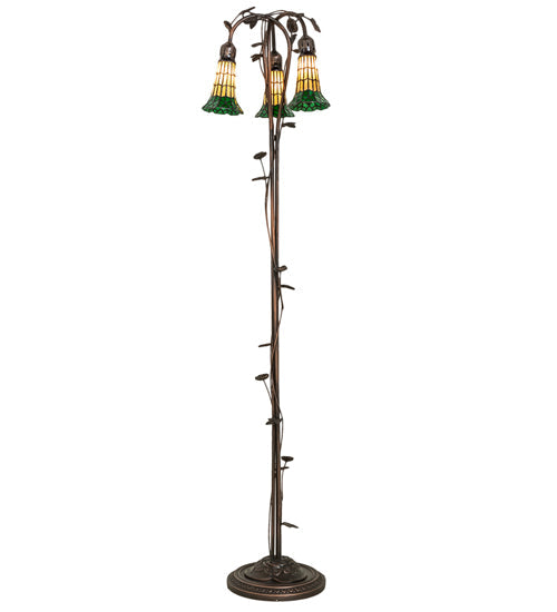 Meyda Lighting Stained Glass Pond Lily 255134 58" 3-Light Mahogany Bronze Floor Lamp With Green & Honey Shade Glass