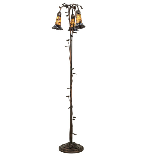 Meyda Lighting Stained Glass Pond Lily 255135 58" 3-Light Mahogany Bronze Floor Lamp With Violet & Honey Shade Glass