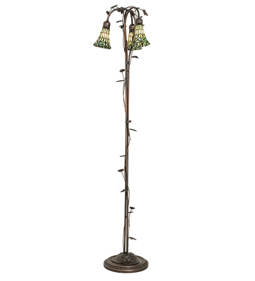 Meyda Lighting Stained Glass Pond Lily 255136 58" 3-Light Mahogany Bronze Floor Lamp With Green Shade Glass