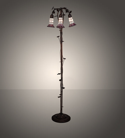 Meyda Lighting Stained Glass Pond Lily 255139 58" 3-Light Mahogany Bronze Floor Lamp With Pink & White Shade Glass