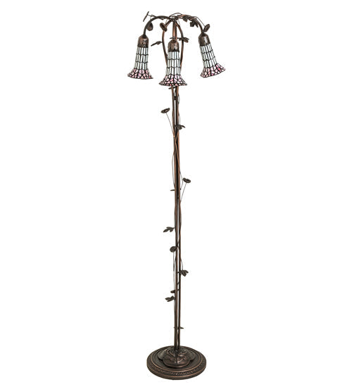 Meyda Lighting Stained Glass Pond Lily 255139 58" 3-Light Mahogany Bronze Floor Lamp With Pink & White Shade Glass