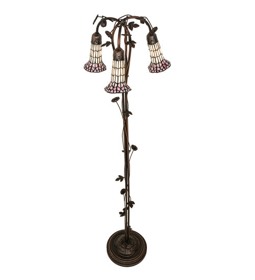 Meyda Lighting Stained Glass Pond Lily 255139 58" 3-Light Mahogany Bronze Floor Lamp With Pink & White Shade Glass