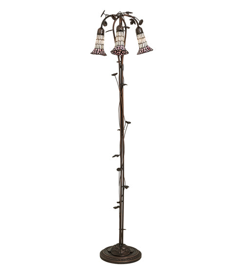 Meyda Lighting Stained Glass Pond Lily 255139 58" 3-Light Mahogany Bronze Floor Lamp With Pink & White Shade Glass