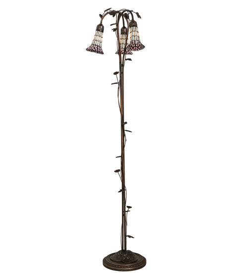 Meyda Lighting Stained Glass Pond Lily 255139 58" 3-Light Mahogany Bronze Floor Lamp With Pink & White Shade Glass