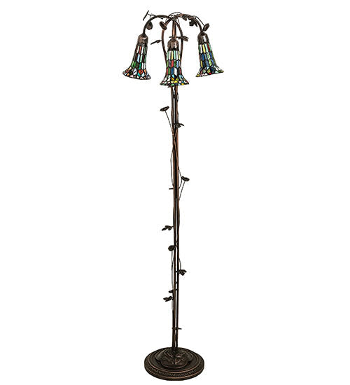 Meyda Lighting Stained Glass Pond Lily 255141 58" 3-Light Mahogany Bronze Floor Lamp With Multi-Colored Shade Glass