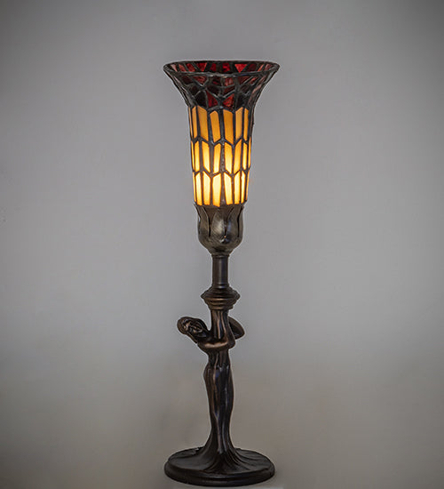 Meyda Lighting Stained Glass Pond Lily 259393 15" Mahogany Bronze Nouveau Lady Accent Table Lamp With Red & Yellow Shade Glass