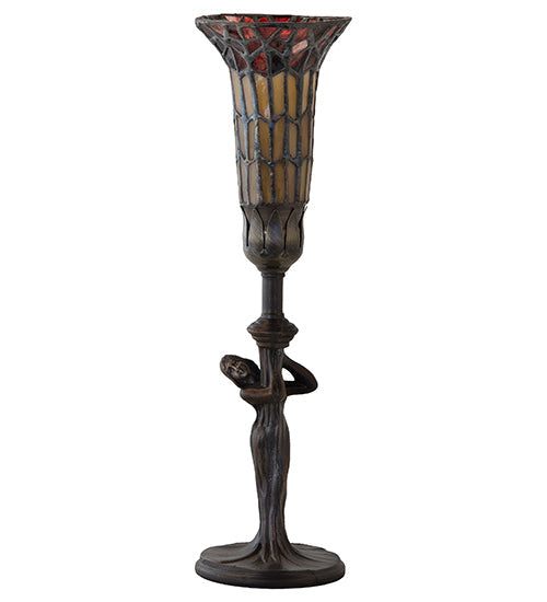 Meyda Lighting Stained Glass Pond Lily 259393 15" Mahogany Bronze Nouveau Lady Accent Table Lamp With Red & Yellow Shade Glass