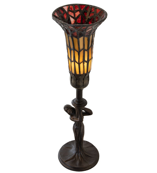 Meyda Lighting Stained Glass Pond Lily 259393 15" Mahogany Bronze Nouveau Lady Accent Table Lamp With Red & Yellow Shade Glass