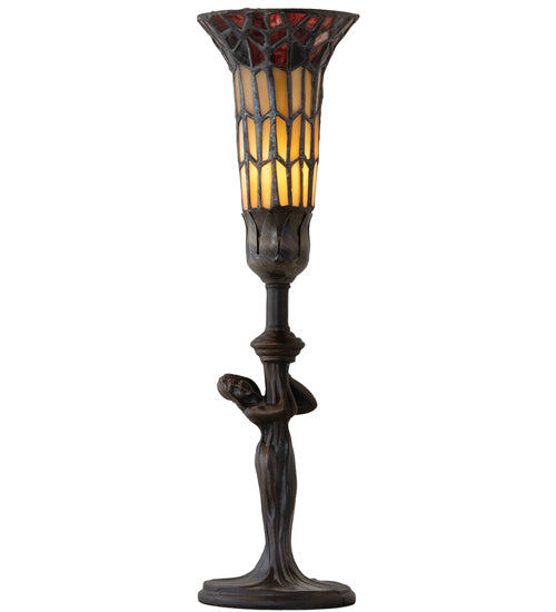 Meyda Lighting Stained Glass Pond Lily 259393 15" Mahogany Bronze Nouveau Lady Accent Table Lamp With Red & Yellow Shade Glass