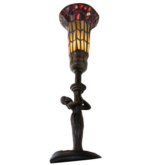 Meyda Lighting Stained Glass Pond Lily 259393 15" Mahogany Bronze Nouveau Lady Accent Table Lamp With Red & Yellow Shade Glass