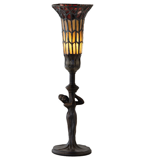 Meyda Lighting Stained Glass Pond Lily 259393 15" Mahogany Bronze Nouveau Lady Accent Table Lamp With Red & Yellow Shade Glass