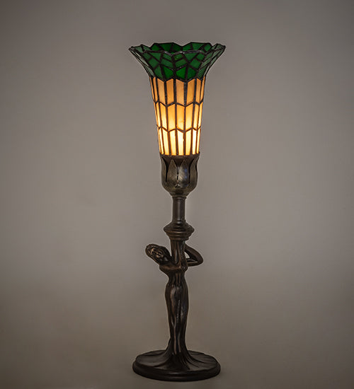 Meyda Lighting Stained Glass Pond Lily 259394 15" Mahogany Bronze Nouveau Lady Accent Table Lamp With Green & Yellow Shade Glass