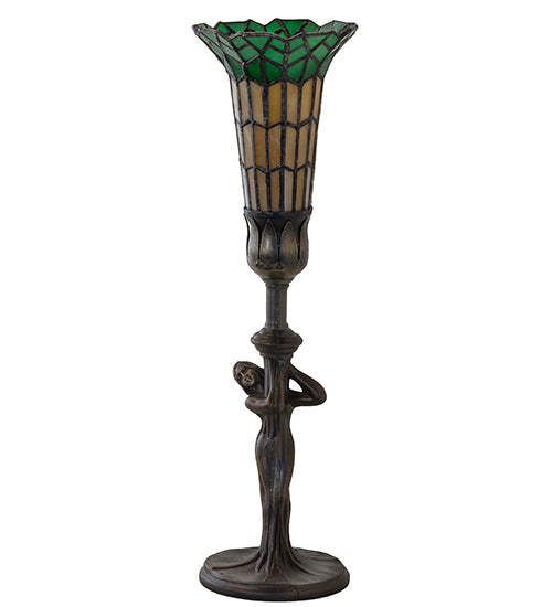 Meyda Lighting Stained Glass Pond Lily 259394 15" Mahogany Bronze Nouveau Lady Accent Table Lamp With Green & Yellow Shade Glass