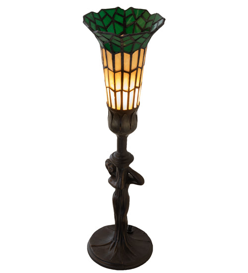 Meyda Lighting Stained Glass Pond Lily 259394 15" Mahogany Bronze Nouveau Lady Accent Table Lamp With Green & Yellow Shade Glass