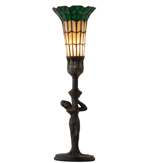 Meyda Lighting Stained Glass Pond Lily 259394 15" Mahogany Bronze Nouveau Lady Accent Table Lamp With Green & Yellow Shade Glass