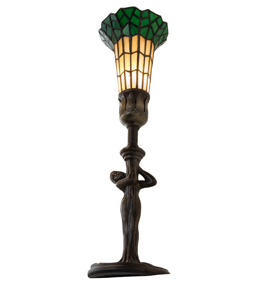 Meyda Lighting Stained Glass Pond Lily 259394 15" Mahogany Bronze Nouveau Lady Accent Table Lamp With Green & Yellow Shade Glass