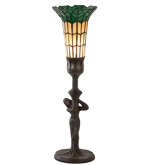 Meyda Lighting Stained Glass Pond Lily 259394 15" Mahogany Bronze Nouveau Lady Accent Table Lamp With Green & Yellow Shade Glass
