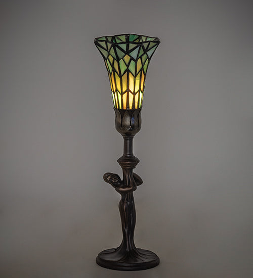 Meyda Lighting Stained Glass Pond Lily 259396 15" Mahogany Bronze Nouveau Lady Accent Table Lamp With Green Art Shade Glass