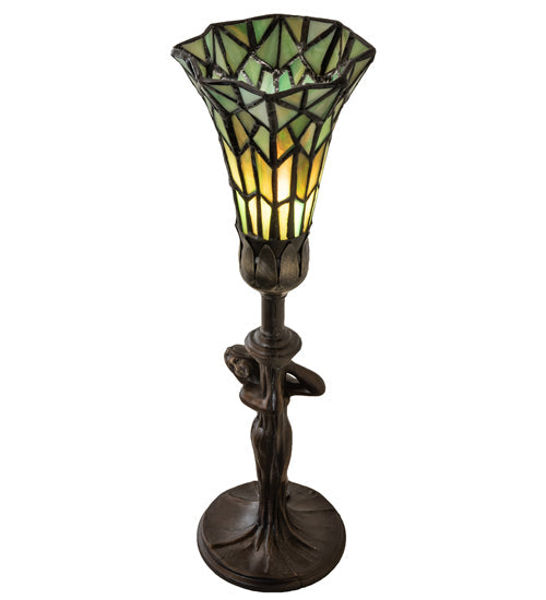 Meyda Lighting Stained Glass Pond Lily 259396 15" Mahogany Bronze Nouveau Lady Accent Table Lamp With Green Art Shade Glass