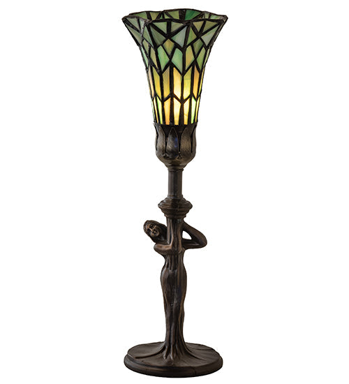 Meyda Lighting Stained Glass Pond Lily 259396 15" Mahogany Bronze Nouveau Lady Accent Table Lamp With Green Art Shade Glass