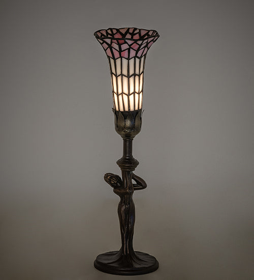 Meyda Lighting Stained Glass Pond Lily 259397 15" Mahogany Bronze Nouveau Lady Accent Table Lamp With Pink & White Art Shade Glass