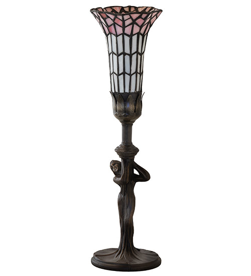 Meyda Lighting Stained Glass Pond Lily 259397 15" Mahogany Bronze Nouveau Lady Accent Table Lamp With Pink & White Art Shade Glass