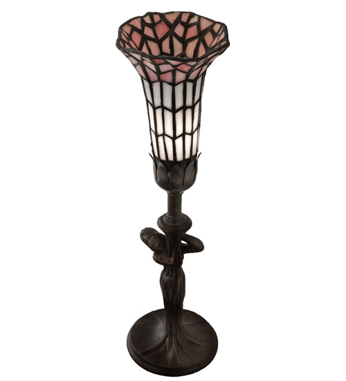 Meyda Lighting Stained Glass Pond Lily 259397 15" Mahogany Bronze Nouveau Lady Accent Table Lamp With Pink & White Art Shade Glass