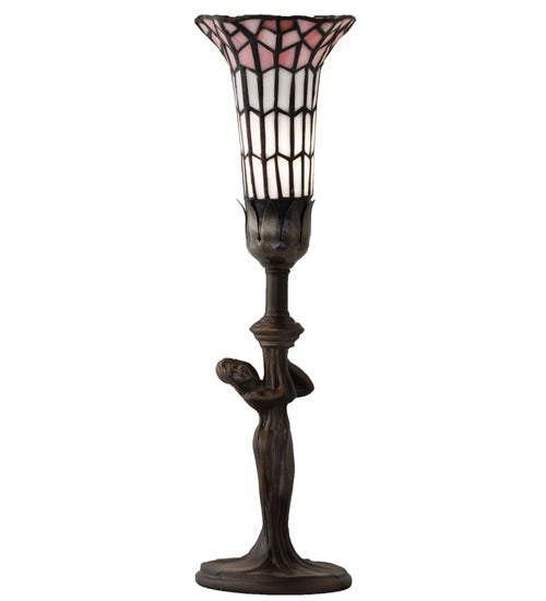 Meyda Lighting Stained Glass Pond Lily 259397 15" Mahogany Bronze Nouveau Lady Accent Table Lamp With Pink & White Art Shade Glass
